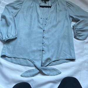 White House Black Market Blue Puff Sleeve Blouse with Tie Front side xs like new